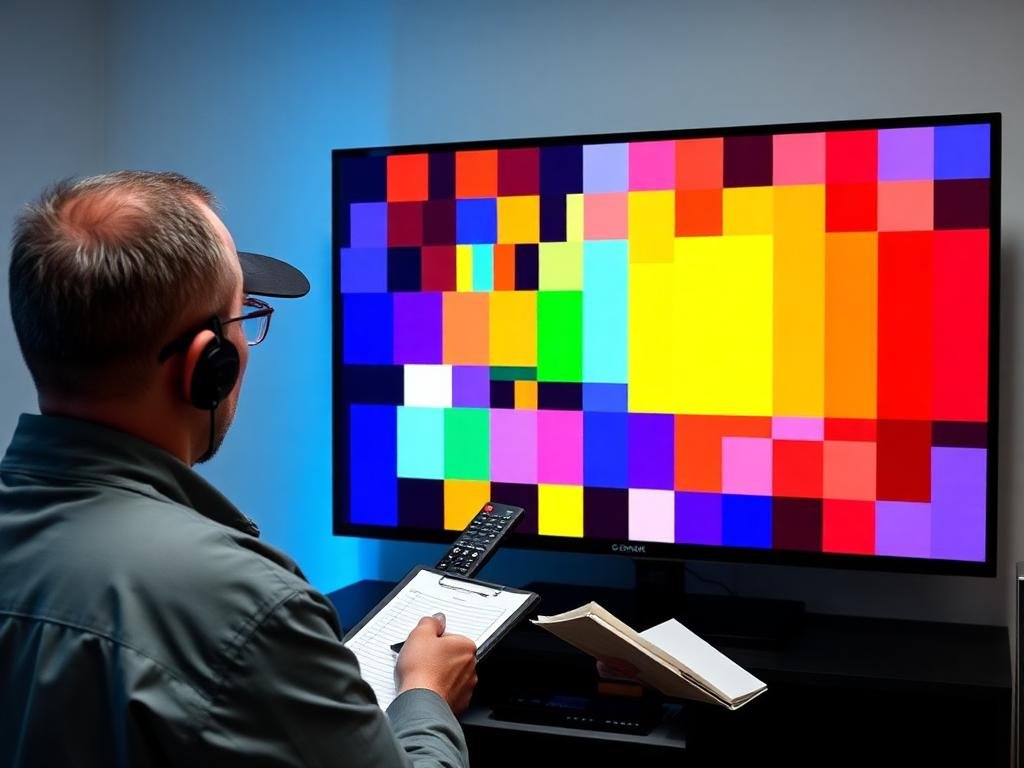 4K television running a colour test pattern during technician diagnosis