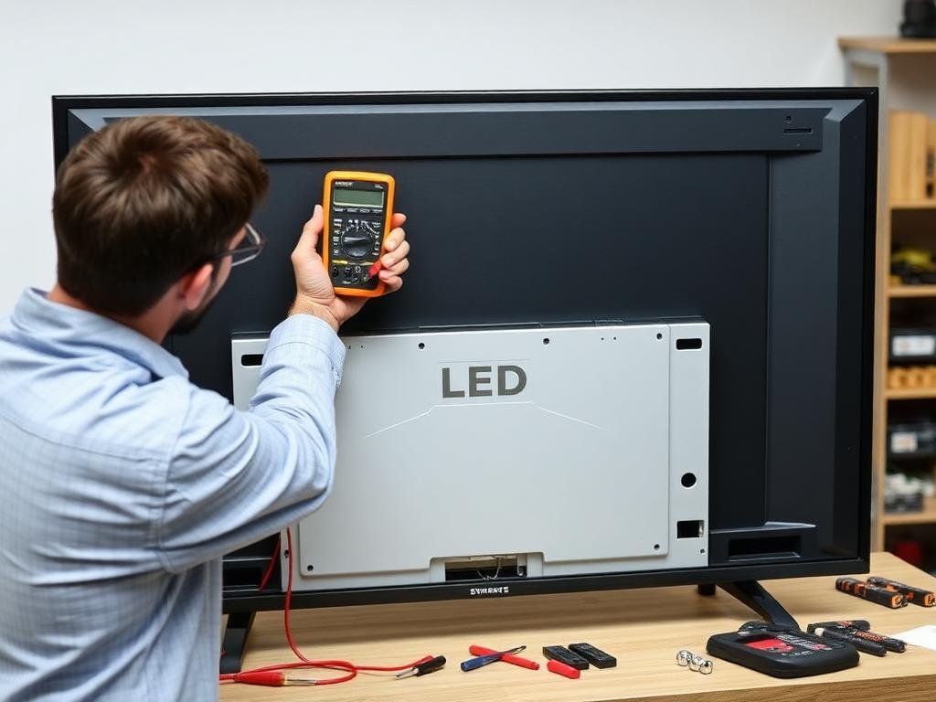 Technician testing an LED television back panel with a multimeter