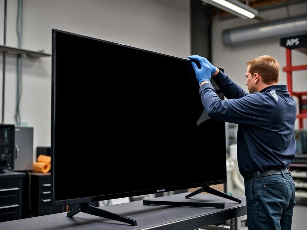 Technician inspecting the panel of a QLED television on a workbench